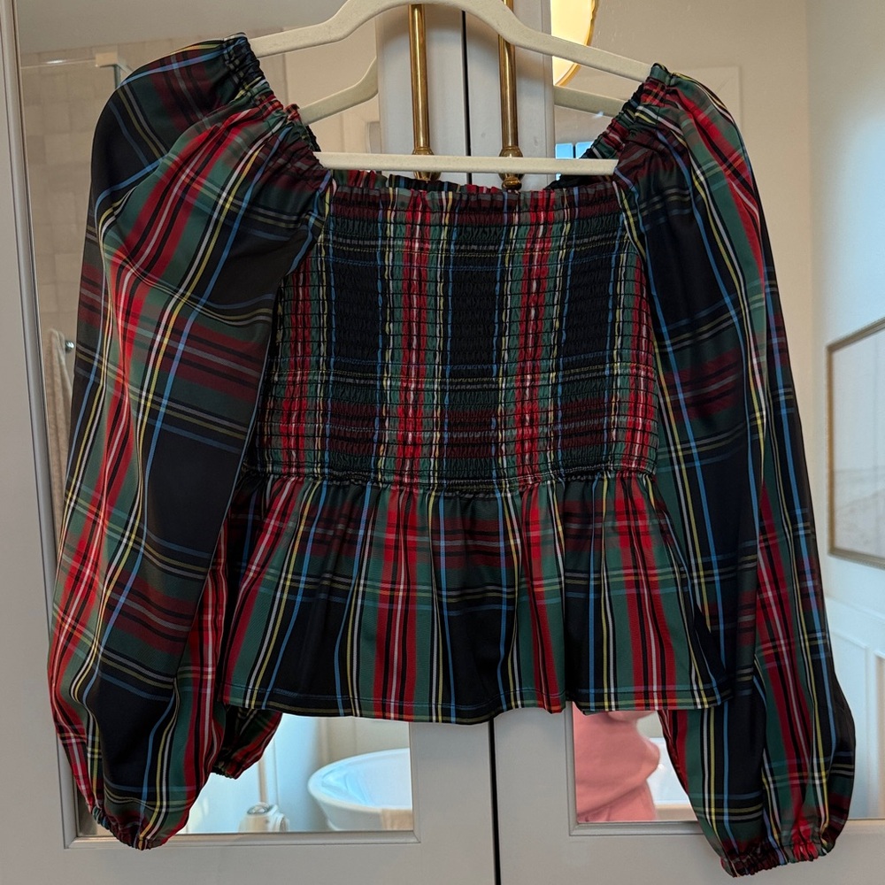 Jcrew Plaid Off-Shoulder Blouse